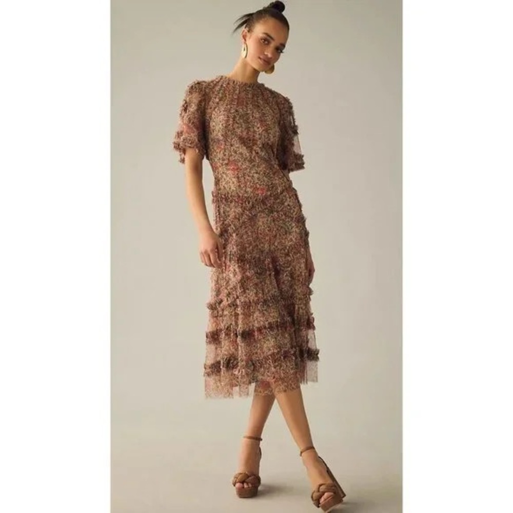 Anthropologie by Mac Duggal 8010 Mesh Ruffle Botanical Vines Midi Dress Size 14